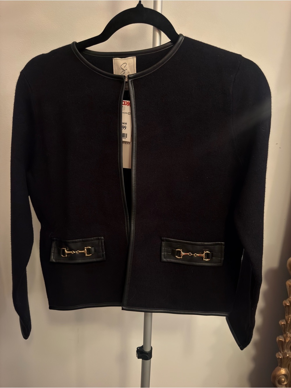 Sioni Black Jacket with Leather Trim and Gold Accents